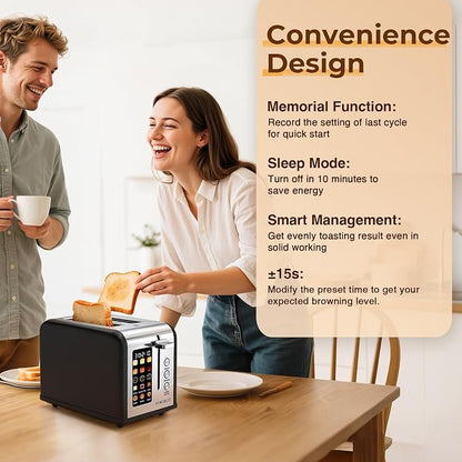 2 Slice Touch Screen Toaster Stainless Steel with Wide Slots for Family Breakfast, Even Toasting for Bagels & Bread, Defrost & Reheat, Easy Removable Crumb Tray, Matt Black