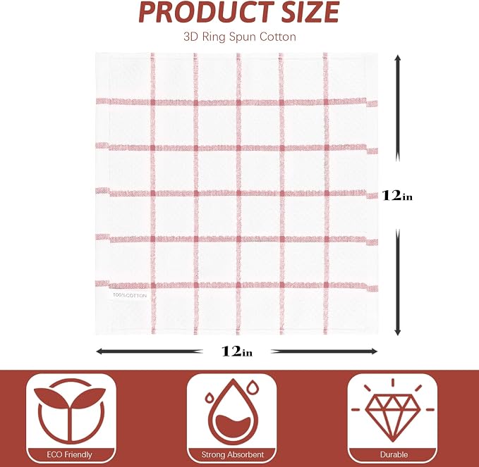 Nialnant 8 Pack Dish Cloths for Washing Dishes, 100% Cotton Reusable Cleaning Rag, Quick Drying Dish Towels for Kitchen, 12x12 Inches, Red Plaid