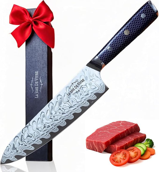 AUS-10 Damascus Chef Knife – 8 Inch Japanese Kitchen Knife, 67-Layer Steel, Ultra-Sharp Blade, Ergonomic Blue Resin Handle, Gift Box Included
