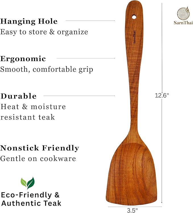 SarnThai Handmade Teak Wood Spatula – Durable Wooden Turner for Stir Fry Cooking, Long Handle Natural Cooking Utensil for Non-Stick Pans & Woks