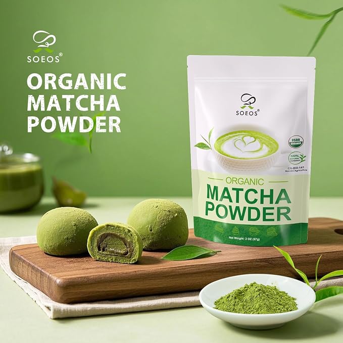 Soeos Organic Matcha Powder, Matcha Green Tea Powder, 2 oz (57g), Antioxidant-Rich Matcha Powder for Lattes, Smoothies and Baking, Recyclable Bags