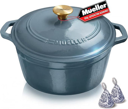 MUELLER HOME 6 Quart Enameled Cast Iron Pot Dutch Oven, Heavy-Duty, Oven-Safe up to 500° F & Across All Cooktops, Bread Pan with Lid & Knob, Cast Iron Cookware, Blue Kitchen Accessories, Mineral Blue