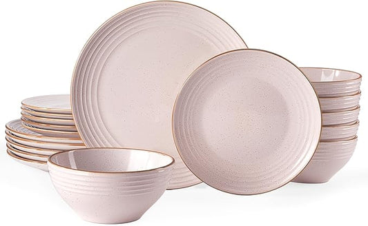 Famiware Jupiter 12-Piece Stoneware Dinnerware Set, Handcrafted Plates and Bowls with Speckles & Embossed Swirls, Chip/Scratch Resistant, Microwave/Dishwasher Safe, Modern Dishes, Service for 4, Pink