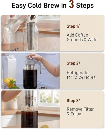 OneDream Cold Brew Coffee Maker - 2 Quart 64oz Stainless Steel Filter Cold Brew Pitcher Jar, No Leaks Cold Brew Mason Jar Coffee Maker, Easy to Clean Cold Coffee Maker