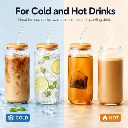 Glass Cups with Lids and Straws Set of 4, 16 oz Can Glasses with Bamboo Lids and Glass Straws, Iced Coffee Cups for First Apartments, Couples, Coffee Bar and Daily Drinks