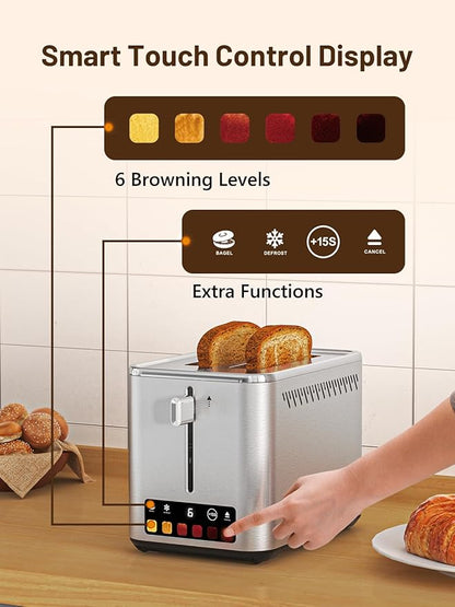 KEENSTAR Touch Screen 2-Slice Toaster with 6 Browning Levels, Bagel, Defrost & Timer, Wide 1.5" Slots, Removable Crumb Tray, 900W Stainless Steel Smart Toaster for Bagels, Breads & Waffles
