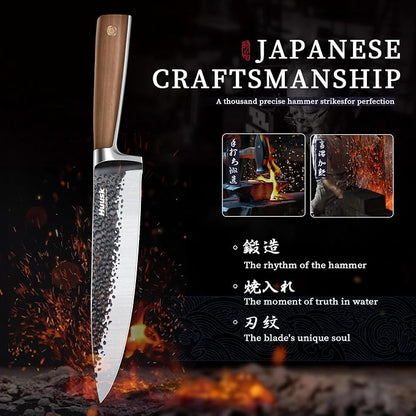 Huusk Japanese Chef Knife 8 Inch Gyuto Kitchen Knife Hand Forged Sushi Knives with Ergonomic Handle Professional Cooking Knife for Cuttting Meat Vegetables Premium Giftbox