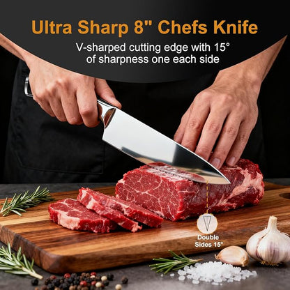2 Pack Kitchen Knives Set, 8" Chef Knife & 6" Boning Knife, High Carbon Stainless Steel Blade with Wooden Handle, Professional Japanese Sharp Knives for Meat Cutting, Carving, Fish Fillet