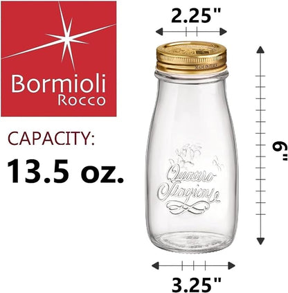 Bormioli Rocco Quattro Stagioni, Glass Canning Jar and Drinking Bottle, 13.5 Oz. with Gold Metal Airtight Lid, Made in Italy.