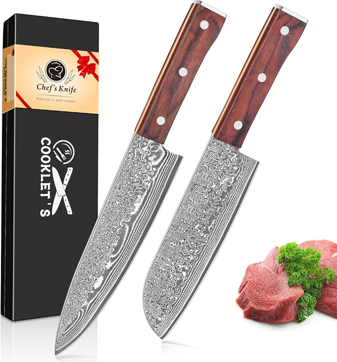 COOKLET'S Chef Knife and Santoku Knife 2PCS Kitchen Knife Set with Gift Box, Professional VG10 Damascus High Carbon Stainless Steel Chef's Knives – Ultra Sharp Cooking Knife with G10 Ergonomic Handle