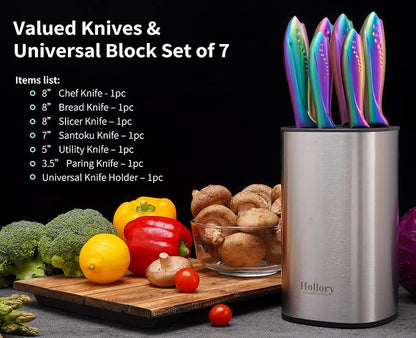Rainbow Knives Block Set 7 Pieces, Iridescent German High Carbon Stainless Steel Kitchen Knives Pack with Universal Knife Holder