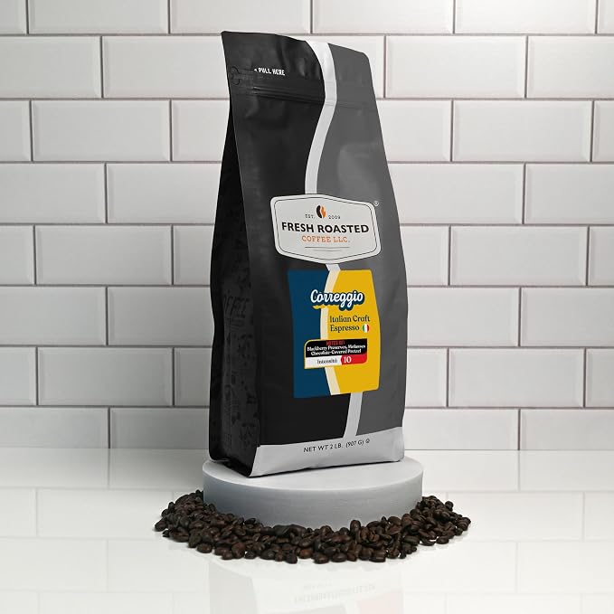 Fresh Roasted Coffee, Correggio Italian Craft Artisan Blend Whole Bean Coffee, Dark Roast, Kosher, 2 lb (32 oz)