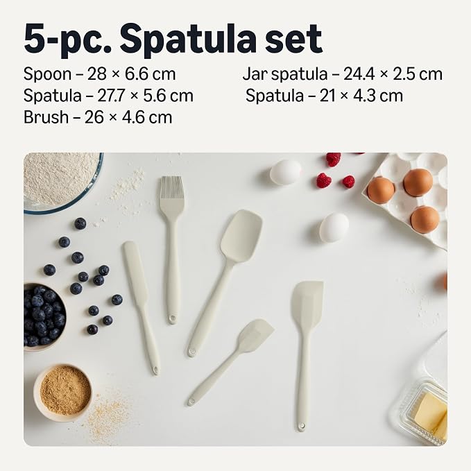 Amazon Basics Silicone Spatulas, 5-Piece Set, Heat-Resistant, Food-Grade, BPA-Free, Non-Slip Handle, Safe for Nonstick Cookware, Dishwasher-Safe, Linen Gray