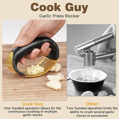 Cook Guy 304 Stainless Steel Garlic Press Rocker Set - Premium Garlic Mincer, Crusher, Peeler, and Scraper Tool for Effortless Mincing - Comfortable Grip Garlic Grinder (Gold)