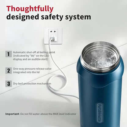 Insulated Stainless Steel Electric Kettle Small, Smart Water Bottle with 4 temperature control, Leak-Proof, Mini Travel Essentials Portable Office Gifts for Tea Lovers, Dark Blue