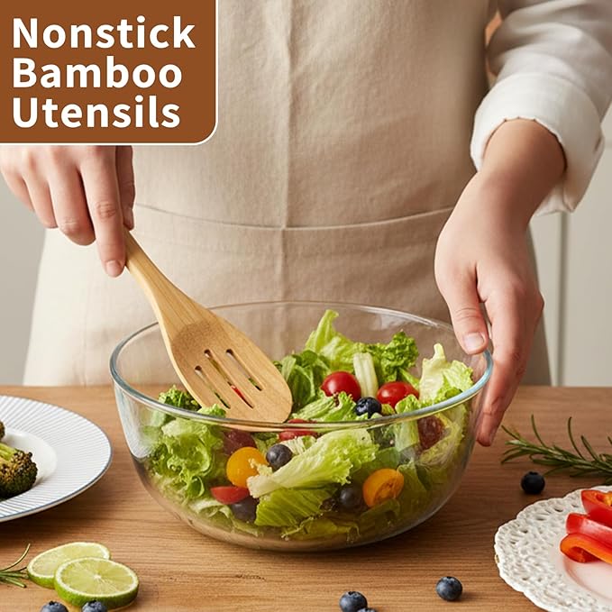 Premium Bamboo Utensils - Smooth Bamboo Spoons for Cooking,Wooden Cooking Utensils Set of 5,Apartment Bamboos Spatula for Nonstick Pan,House Warming Gifts New Home