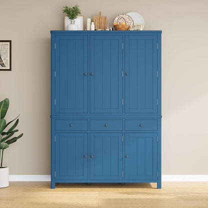 74.8''H High Freestanding Kitchen Pantry, Wooden Kitchen Organizers Cupboard Storage Cabinet with Door Shelves, Adjustable Shelves, Pull-out Trays and Drawers for Dining Room Living Room (Blue-2.12)