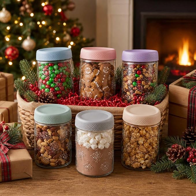 ColoVie 6-Pack Glass Overnight Oats Containers with Airtight Lids - 16oz Decorative Mason Jars for Meal Prep, Chia Seed Pudding, Salad, Snacks & Spice Storage - Wide Mouth, Dishwasher Safe