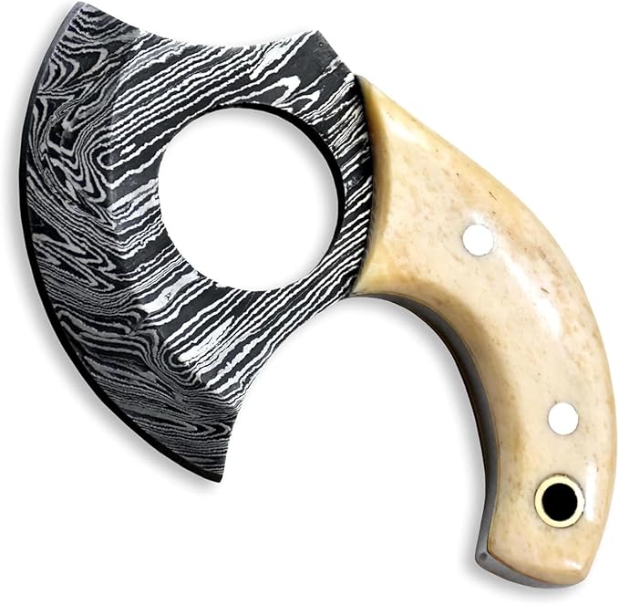 Custom Damascus Steel Ulu Knife Traditional Alaskan Ulu Multi-Purpose Pizza Cutter,Vegetable Chopping, Boning Slicing Cutting Camel Bone Handle Leather Sheath (SUB-03)