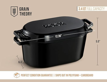 Kook Oval Dutch Oven, for Bread Baking, Sourdough Loaf Pan, with Lid, Dual Handles, Enameled Cast Iron, includes Lid Lever, Dishwasher Safe, 3.4 Qt, Black
