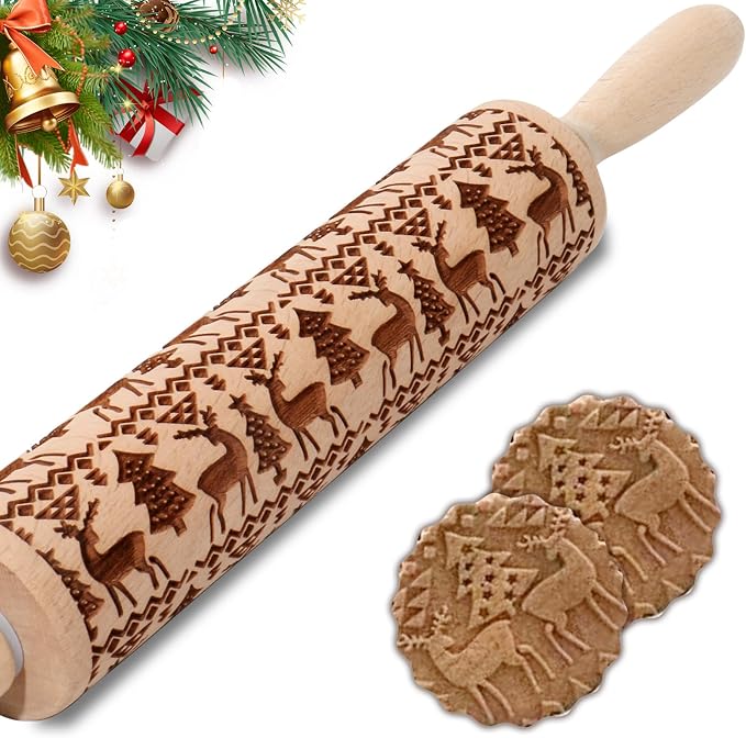 Christmas Embossed Rolling Pin for Baking Cookies Embossing Rolling Pins with Design Wooden Engraved Springerle Roller Pin Animal Dough Patterned Clay Pottery Ceramic Bakers Women (Reindeer & Tree)