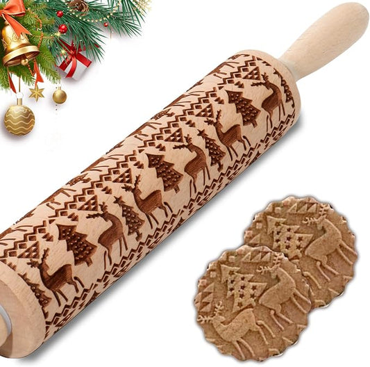 Christmas Embossed Rolling Pin for Baking Cookies Embossing Rolling Pins with Design Wooden Engraved Springerle Roller Pin Animal Dough Patterned Clay Pottery Ceramic Bakers Women (Reindeer & Tree)