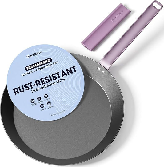 Carbon Steel Skillet 12 Inch, Nitrided Steel Frying Pan, Preseasoned Rust Resistant Large Cooking Pan with Ergonomic Handle & Removable Silicone Grip, Induction & Oven Safe