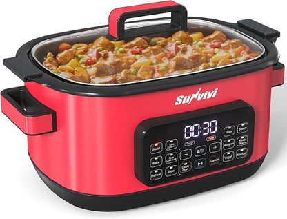 12-in-1 Multicooker, 6.5QT Slow Cooker Roaster Oven, Digital Programmable Multi Functional Pot with Timer Temp Control Delay Start Glass Lid Removable Nonstick Pot, Roast/Steam Rack, Red