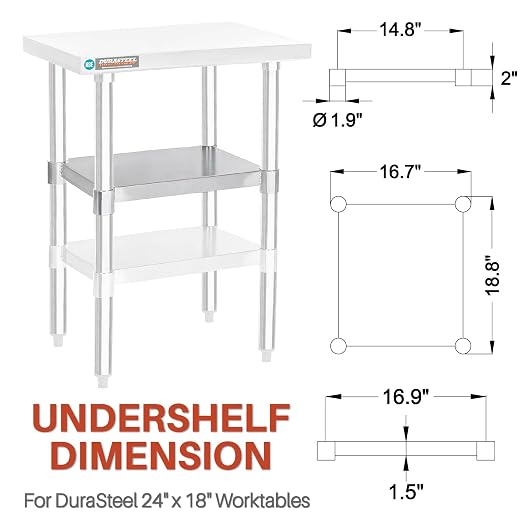DuraSteel Galvanized Under Shelf for Work Tables - Extra Adjustable Lower Shelf for 24" x 18" Stainless Steel and Wooden Worktables - Fits for use in Restaurant, Warehouse, Home, Kitchen, Garage