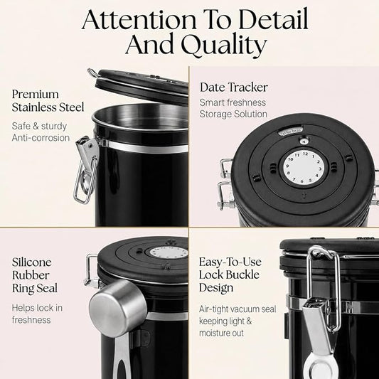 Mixpresso 16 Oz Black Coffee Canister, Stainless Steel Airtight Coffee Container, Air tight Jar Tea Storage with Date Tracker, Vacuum Sealed Espresso Airtight Canister, Sugar Container for Home