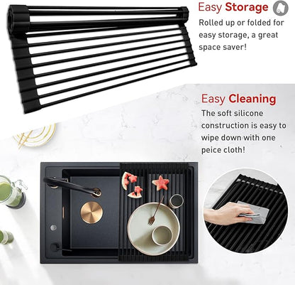 MERRYBOX Roll Up Dish Drying Rack Silicone Wrapped Over The Sink Dish Drying Rack Multipurpose Foldable Sink Drying Mat Anti-Slip & Anti-Rust Dish Rack for Kitchen, 17.5" x 13", Black