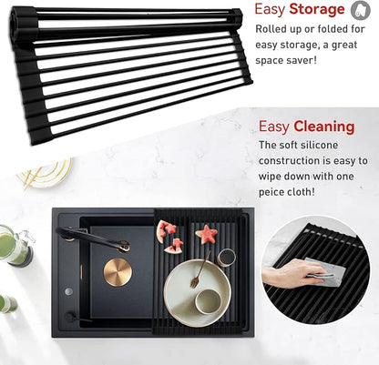 MERRYBOX 20.5" x 13" Roll Up Dish Drying Rack Silicone Wrapped Over The Sink Dish Drying Rack Multipurpose Foldable Sink Drying Mat, Heat-Resistant & Anti-Rust Dish Rack for Kitchen Sink, Large, Black