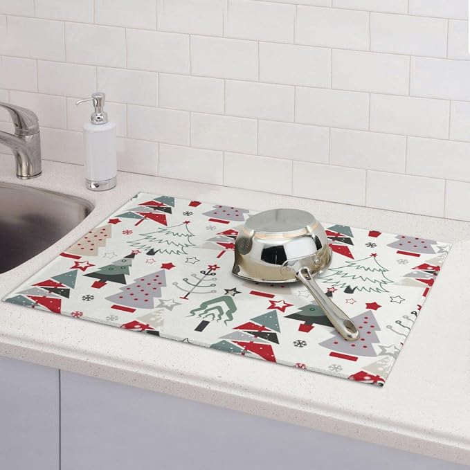 Beautiful Christmas Tree Dish Drying Mat 18x24 For Kitchen Counter Absorbent Microfiber Dishes Pad Dish Drainer Rack Mats Fast Dry Kitchen Accessories