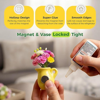 Renmxj 12 Pcs Refrigerator Magnets - Cute Mini Ceramic Vase Fridge Magnets with Artificial Flowers, Funny Tiny Vase Magnet for Fridge Decorative, Office, Kitchen, Locker, Whiteboard