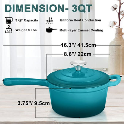 3 Quart Sauce Pan with Lid, Leonyo Enameled Cast Iron Sauce Pot, Large Cast Iron Pot Dutch Oven Kitchen Cookware for All Cooktops Cooking Pasta, Soup, Milk - Up to 500°F & 8bs, Lake Green