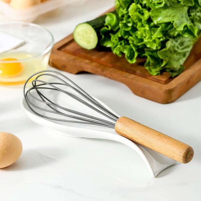Ceramic Spoon Rest for Stove Top, Large 8.7 Inch Spoon Holder for Kitchen Counter, Porcelain Utensil Rest for Ladle, Spatula, Housewarming Gift, Dishwasher Safe and Heat-Resistant, White, Set of 2
