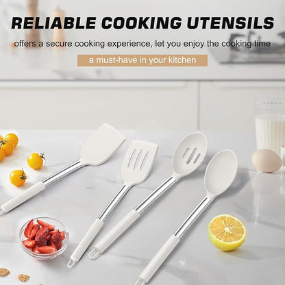 TeamFar Kitchen Utensils, 4 PCS Silicone Cooking Utensils with Stainless Steel Handle, for Nonstick Cookware Frying/Flipping/Draining, Non-toxic & Heat-proof, Non-scratch & Dishwasher Safe