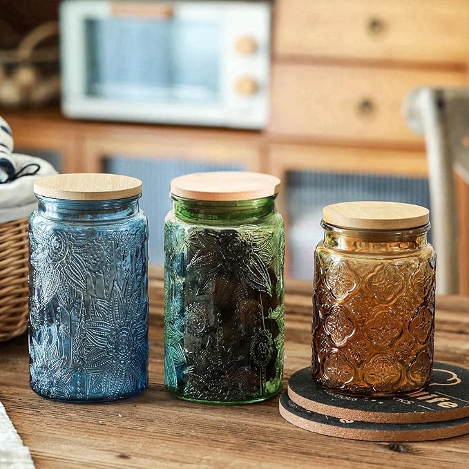 ANSQU Green Glass Canister, 34oz Candy Jar with Lid, Vintage Colored Mason Jars for Kitchen Decorative Jar for Coffee Tea Candy Cookies, Cute Jars (Green, 1 Pack)