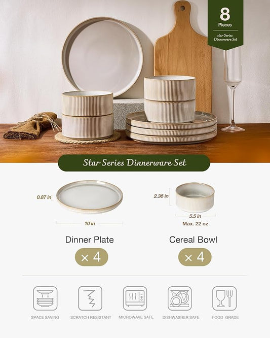 Famiware Star 8-Piece Stoneware Dinnerware Set for 4 – 10.5" Flat Dinner Plates & 23 oz Deep Cereal Bowls, Everyday & Formal Use, Chip & Scratch Resistant, Microwave/Dishwasher Safe, Cappuccino White