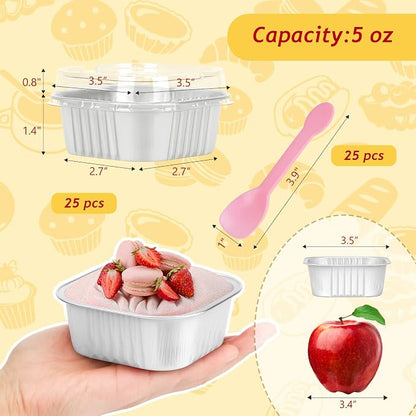 LNYZQUS 5oz Mini Cake Pans with Lids 25 Pack, Small Foil Baking Cups Muffin Tin, Square Individual Cupcake Containers for Oven, Disposable Ramekins Liners for Bake Sale Wedding -White
