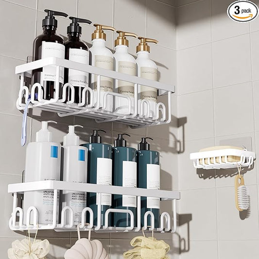 Veken Shower Caddy 3-Pack, Advanced Rustproof Design, No Drilling Adhesive Shelves, Rack with Soap Holder, Large Capacity Bathroom Organizers and Storage, Wall-Mounted Kitchen & Home Decor, White