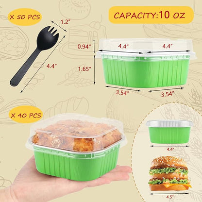 LNYZQUS Mini Cake Pans with Lids and Spoons,10oz Disposable Small Foil Baking Tins,40 Pack Individual Cake Containers for Home Bakers Bake Sales-Green,4x4 Square