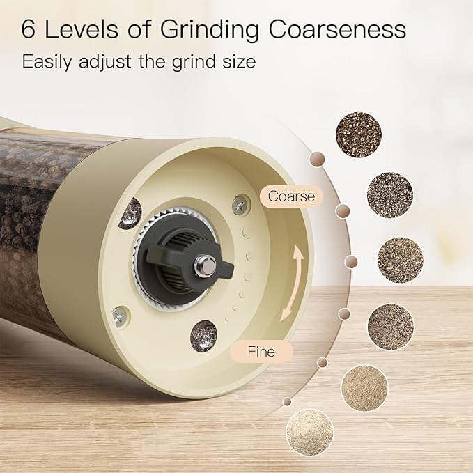 Ultrean Electric Salt and Pepper Grinder Set, USB-C Rechargeable, Salt and Pepper Shakers Spice Mill with 6 Adjustable Coarseness LED Light Larger Capacity, Kitchen Gadget, Gift for Women Mom, Cream