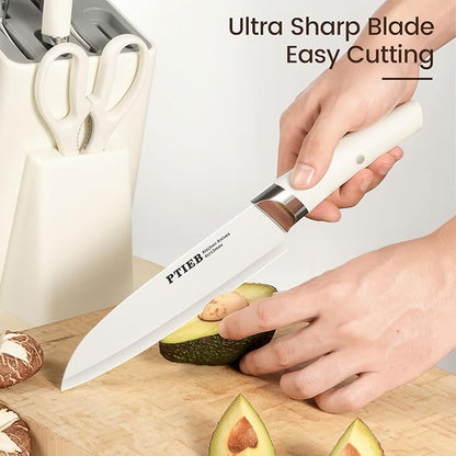 Knife Set, 6-Piece Kitchen Knife Set with Block, Stainless Steel Essentials Cutlery Block Set,Ultra-sharp Blades Chef Knives Set, Rust-Resistant, Ideal Housewarming Gift (White)