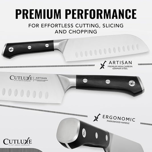 Cutluxe Santoku Knife – 7" Chopping Knife, Meat and Vegetable Knife – Forged High Carbon German Steel – Sheath Included – Full Tang & Razor Sharp – Ergonomic Handle Design – Artisan Series