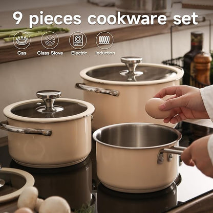 304 9pcs Stainless Steel Cookware Set, Kitchen Cookware Set,Beige High Temperature Ceramic Paint, Including 1 Milk Pot, 3 Different Sizes Of Stockpot, 1 Steam Tray, For All Stoves