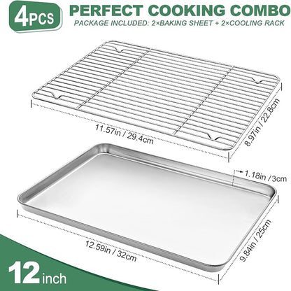 Stainless Steel Baking Sheets with Rack, HKJ Chef Cookie Sheets and Nonstick Cooling Rack & Baking Pans for Oven & Toaster Oven Tray Pans, Rectangle Size 12.5L x 10W x 1H inch & Non Toxic & Healthy