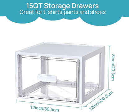 Vtopmart 4 Pack White Stackable Storage Drawers 15QT, Easily Assemble Closet Organizers,Plastic Storage Bins for Bathroom,Cabinet,Kitchen Pantry,Under Sink Organization(Medium)