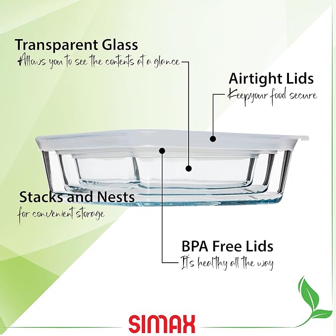 SIMAX Square Glass Food Storage Containers With Lids: Meal Prep Container Glass - Made with Borosilicate Glass - Set of 3 Glass Food Prep Containers With Lids Airtight - Small, Medium And Large