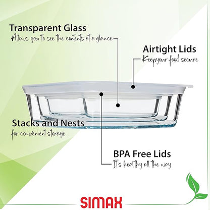 SIMAX Square Glass Food Storage Containers With Lids: Meal Prep Container Glass - Made with Borosilicate Glass - Set of 3 Glass Food Prep Containers With Lids Airtight - Small, Medium And Large